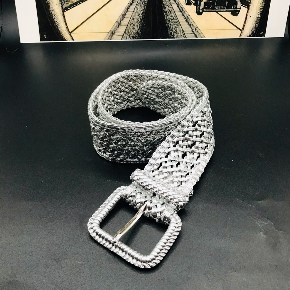 SILVER WOVEN LEATHER BRAID BELT 36”